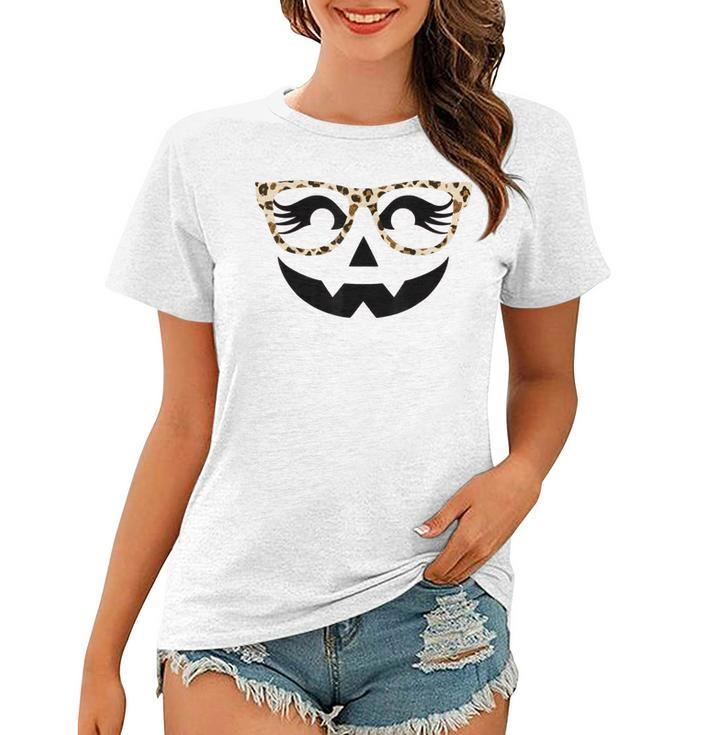 Halloween Jack O Lantern Face Pumpkin Leopard Glasses Decor  Women T-shirt