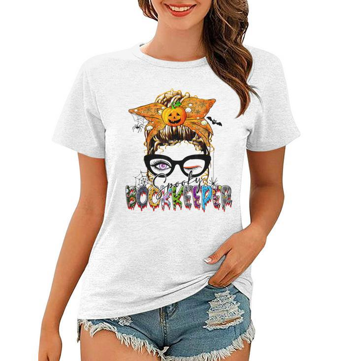 Halloween Spooky Bookkeeper Messy Bun Glasses Accountant  Women T-shirt