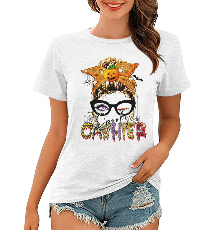 Halloween Spooky Cashier Messy Bun Glasses Spooky  Women T-shirt