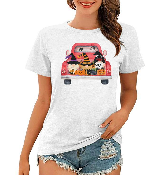 Halloween Truck With Cute Gnomes Pumpkin Funny  Women T-shirt