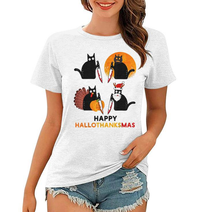 Happy Hallothanksmas Black Cat Halloween Thanksgiving  Women T-shirt
