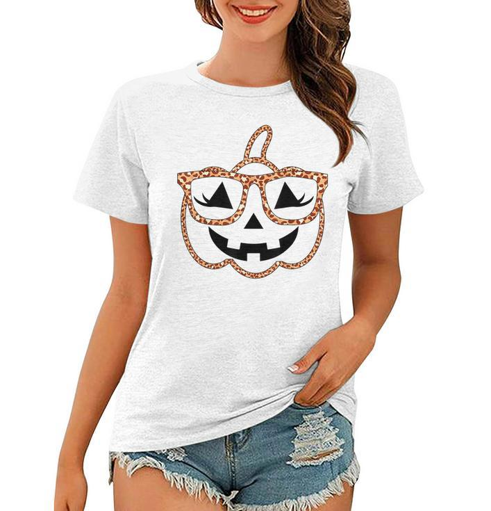 Jack O Lantern Face Pumpkin Halloween Leopard Print Glasses  V4 Women T-shirt