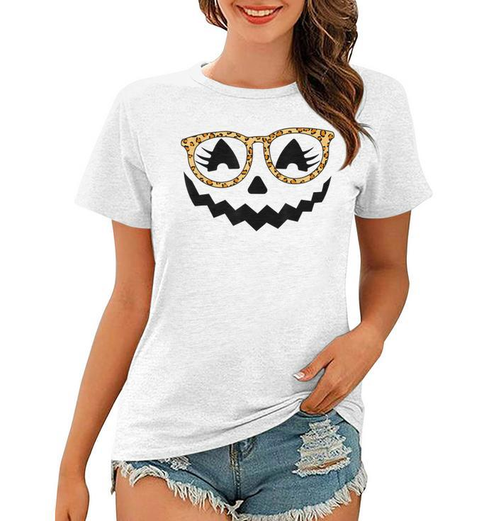 Jack O Lantern Face Pumpkin Halloween Leopard Print Glasses  V5 Women T-shirt