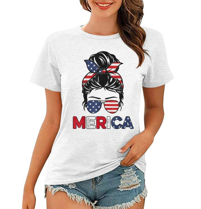 Merica Mom Girl American Flag Messy Bun Hair 4Th Of July Usa  V2 Women T-shirt