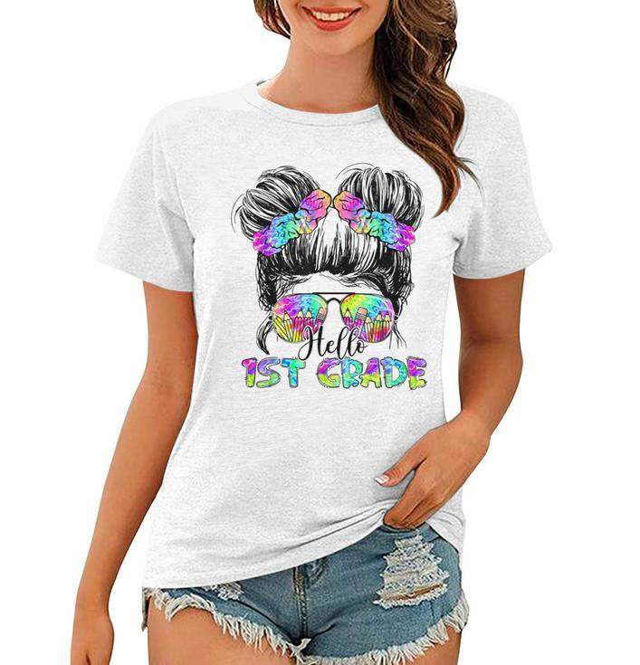 Messy Bun Hair Tie Dye Rainbow Kids Girls Hello First Grade  Women T-shirt