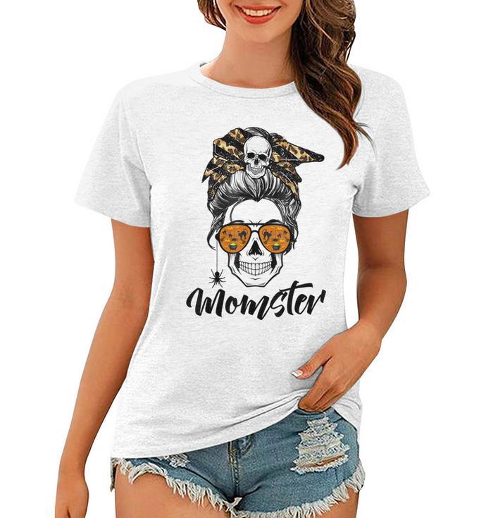 Messy Bun Monster Pun Momster Halloween Costume Skull Mom  Women T-shirt