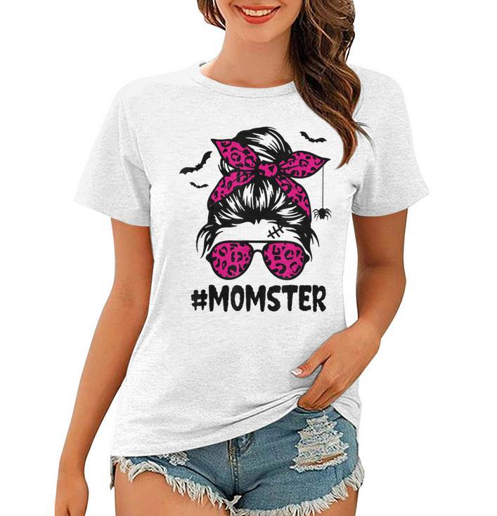 Momster  For Women Halloween Mom Messy Bun Leopard  Women T-shirt