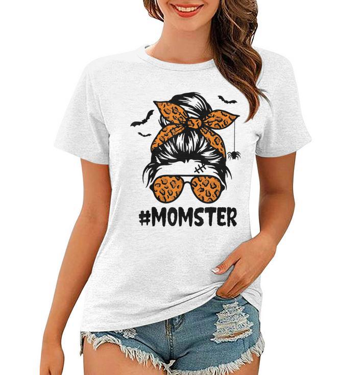 Momster  For Women Halloween Mom Messy Bun Leopard  Women T-shirt