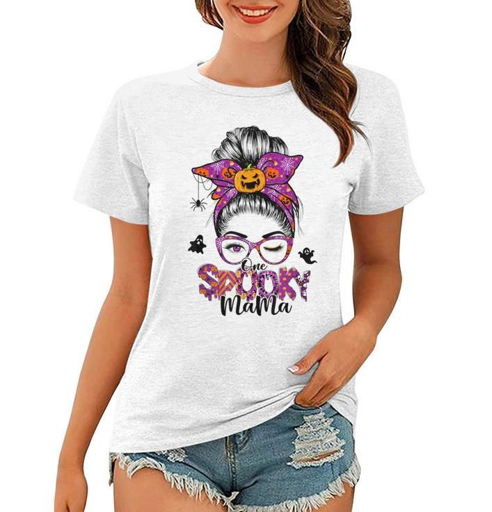 One Spooky Mama For Halloween Messy Bun Mom Monster Bleached  V6 Women T-shirt