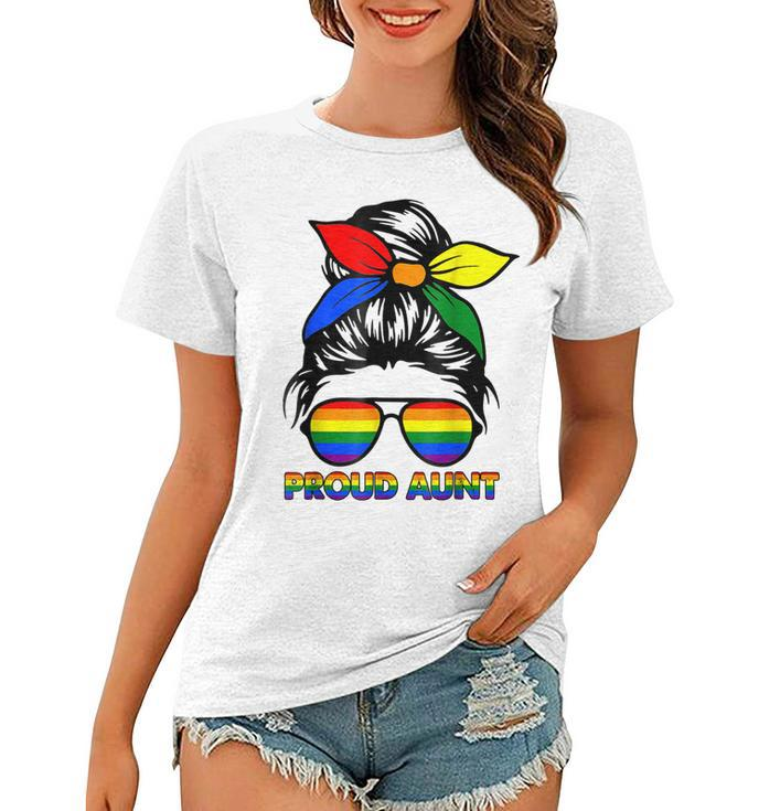 Proud Aunt Messy Bun Rainbow Lgbt Gay Pride Month  Women T-shirt