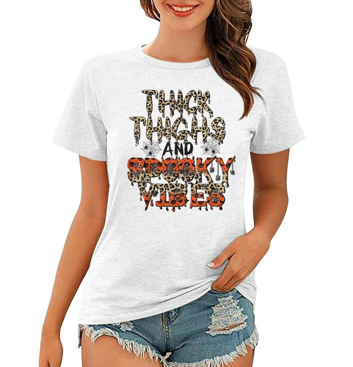 Retro Leopard Thick Thighs And Spooky Vibes Funny Halloween  Women T-shirt