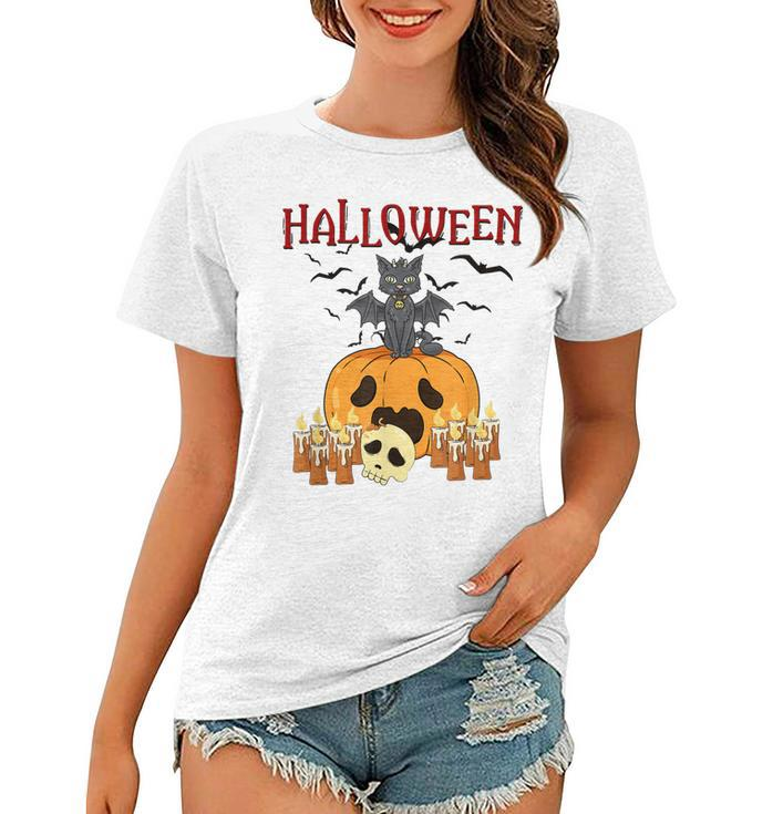 Scary Pumpkin And Vampire Bat Cat Halloween Trick Or Treat  Women T-shirt
