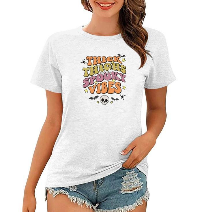 Skull Groovy Thick Thights And Spooky Vibes Leopard Halloween Women T-shirt