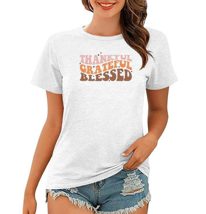 Thankful Grateful Blessed Groovy Style Gift Fall Women T-shirt