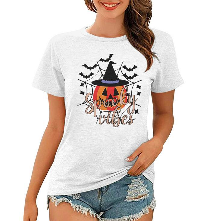 Thick Thights And Spooky Vibes Halloween Pumpkin Ghost Women T-shirt