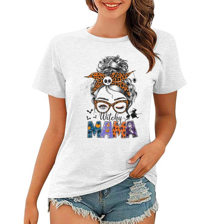 Witchy Mama Halloween Messy Bun Skull Witch Mom Women Spooky  Women T-shirt