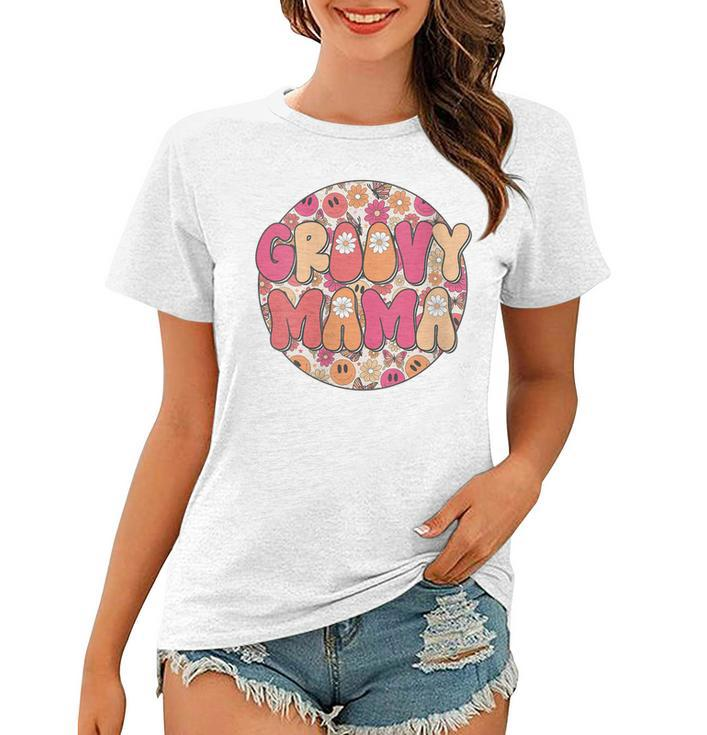 Womens Groovy Mama Hippie Retro Daisy Flower Smile Face  Women T-shirt