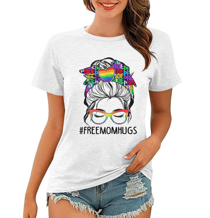 Womens Free Mom Hugs Messy Bun Lgbt Pride Women T-shirt