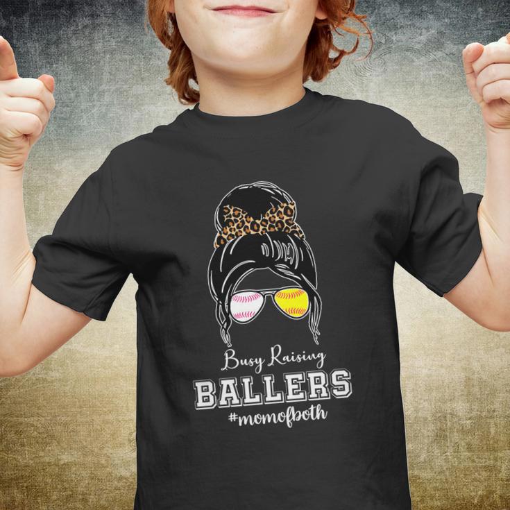 Busy Raising Ballers Mom Of Both Baseball Softball Messy Bun Sticker Features De Youth T-shirt