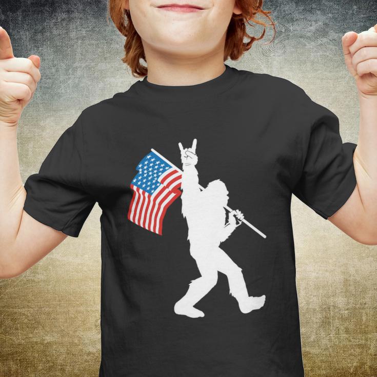 Funny Bigfoot 4Th Of July Rock And Roll Usa Flag For Sasquatch Believers Youth T-shirt