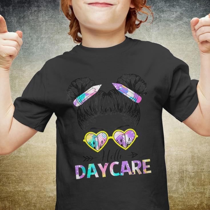 Hello Daycare Tie Dye Messy Bun Kids Back To School Youth T-shirt