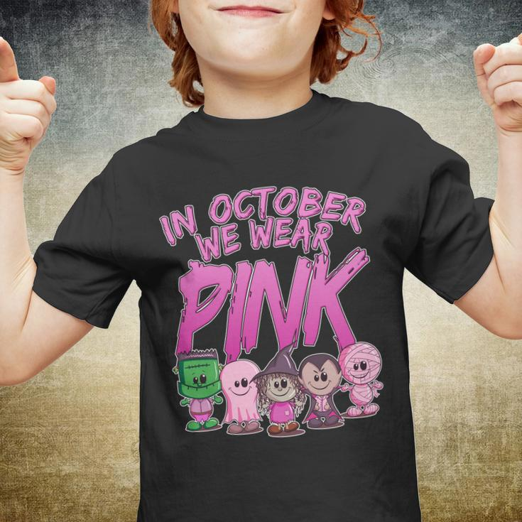 In October We Wear Pink Breast Cancer Halloween Monsters Youth T-shirt