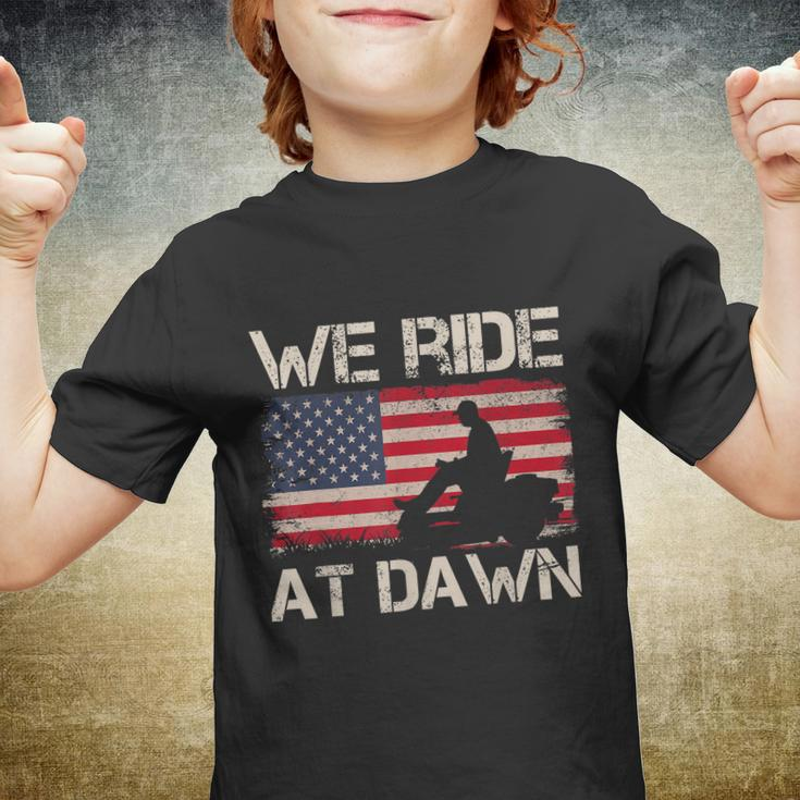 Mens Fathers Day We Ride At Dawn Mens Lawnmower Usa Flag Mowing Youth T-shirt