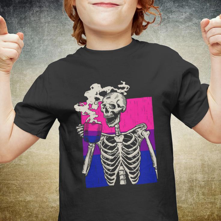 Skeleton Drinking Coffee Lgbtq Pansexual Pride Pan Flag Youth T-shirt