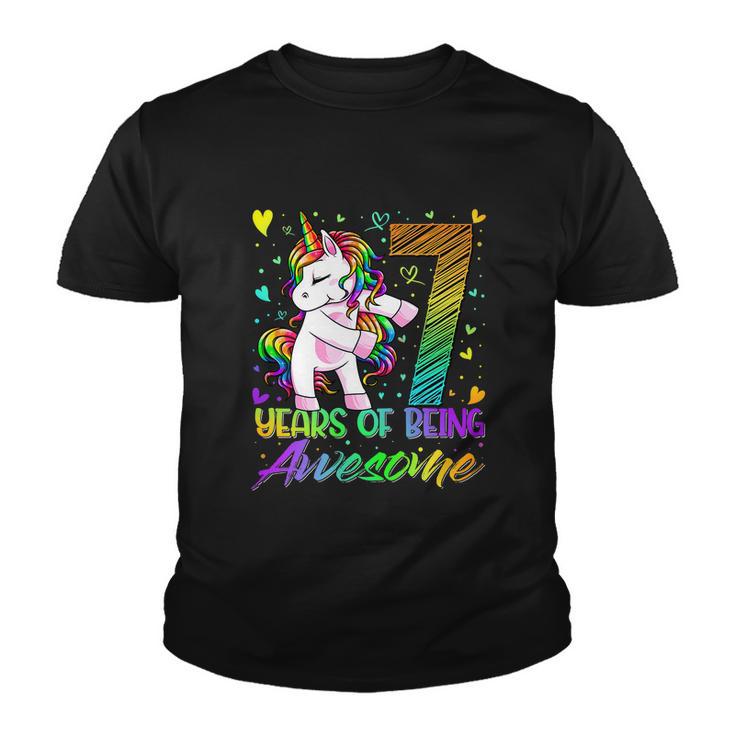 7Th Birthday 7 Year Old Girl Flossing Funny Unicorn Party Youth T-shirt