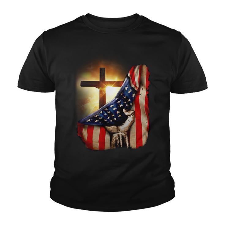 American Christian Cross Patriotic Flag Youth T-shirt