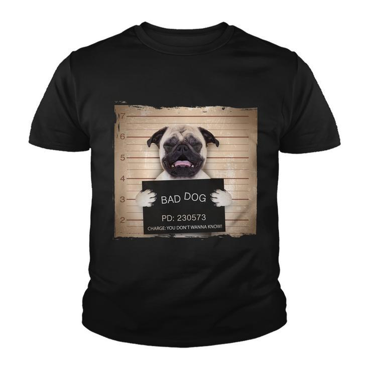 Bad Dog Funny Pug Prison Mug Shot Youth T-shirt