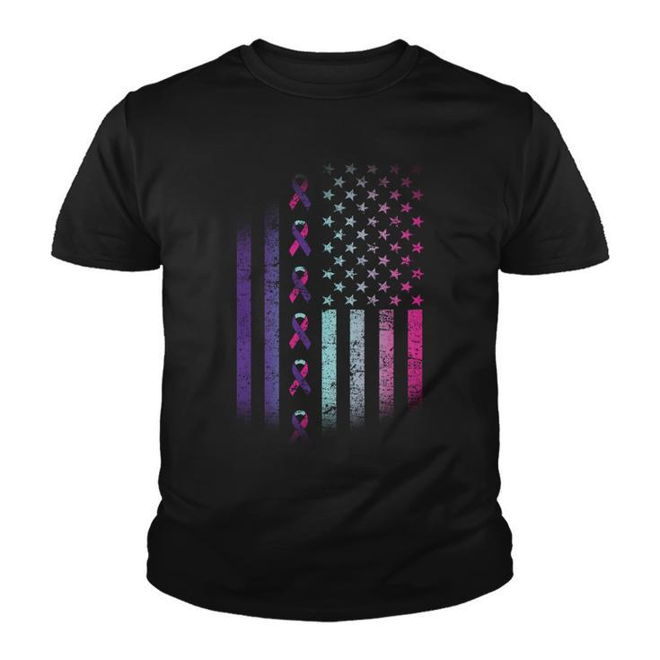 Blue Pink Teal Ribbon Flag Thyroid Cancer Awareness Youth T-shirt