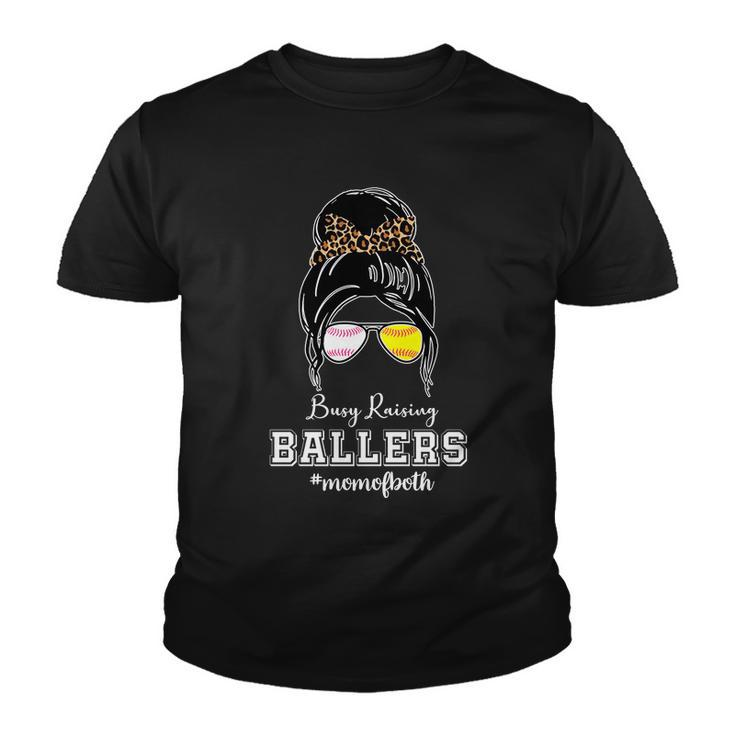Busy Raising Ballers Mom Of Both Baseball Softball Messy Bun Sticker Features De Youth T-shirt