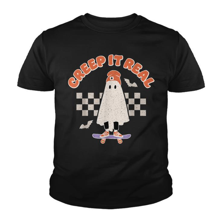 Creep It Real Ghost Skateboard Halloween Bat Checkered Sk8r  Youth T-shirt