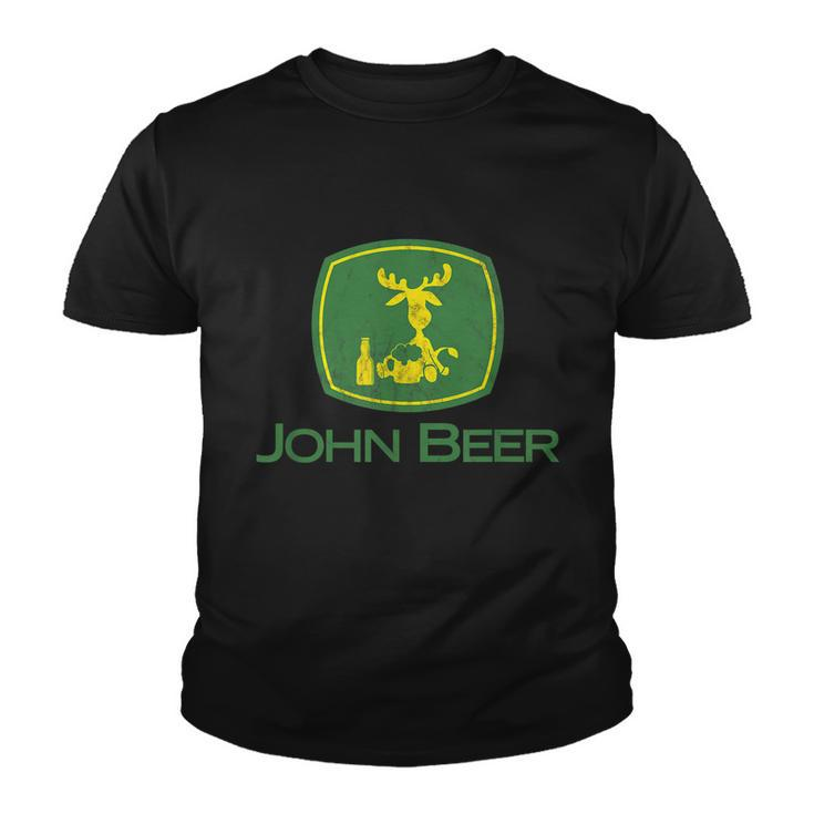 Distressed S Funny Tractor John Beer Deer Farmer Tshirt Youth T-shirt