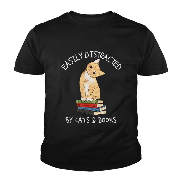 Easily Distracted By Cats And Books Gift Cat And Book Lover Gift Tshirt Youth T-shirt