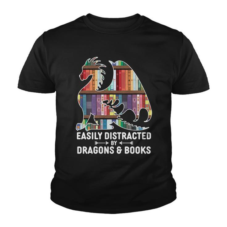 Easily Distracted By Dragons And Books Fantasy Book Lover Youth T-shirt