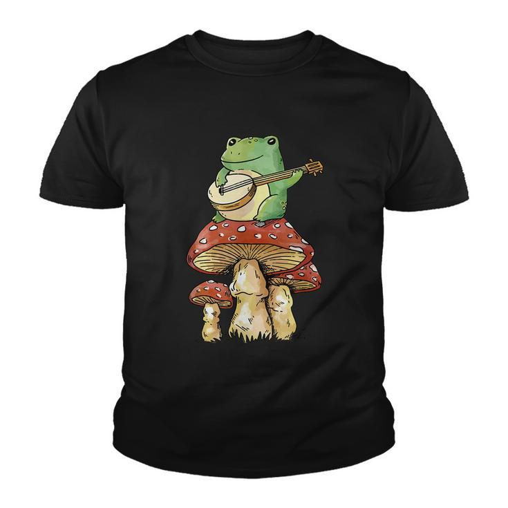 Frog Playing Banjo On Mushroom Cute Cottagecore Aesthetic Youth T-shirt
