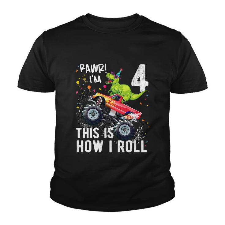 Funny Kids T Rex Dinosaur Monster Truck Gift 4Th Birthday Boys And Girls Gift Youth T-shirt