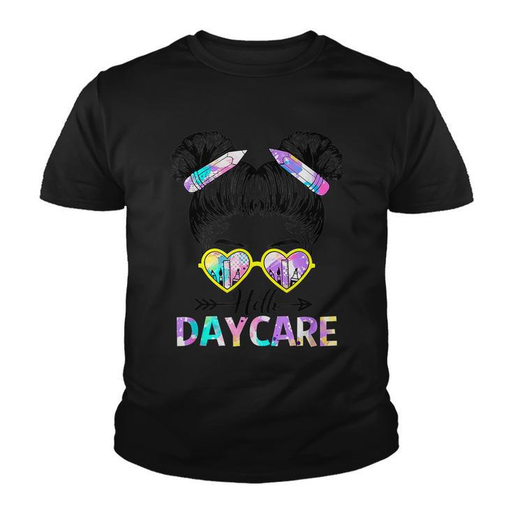 Hello Daycare Tie Dye Messy Bun Kids Back To School Youth T-shirt