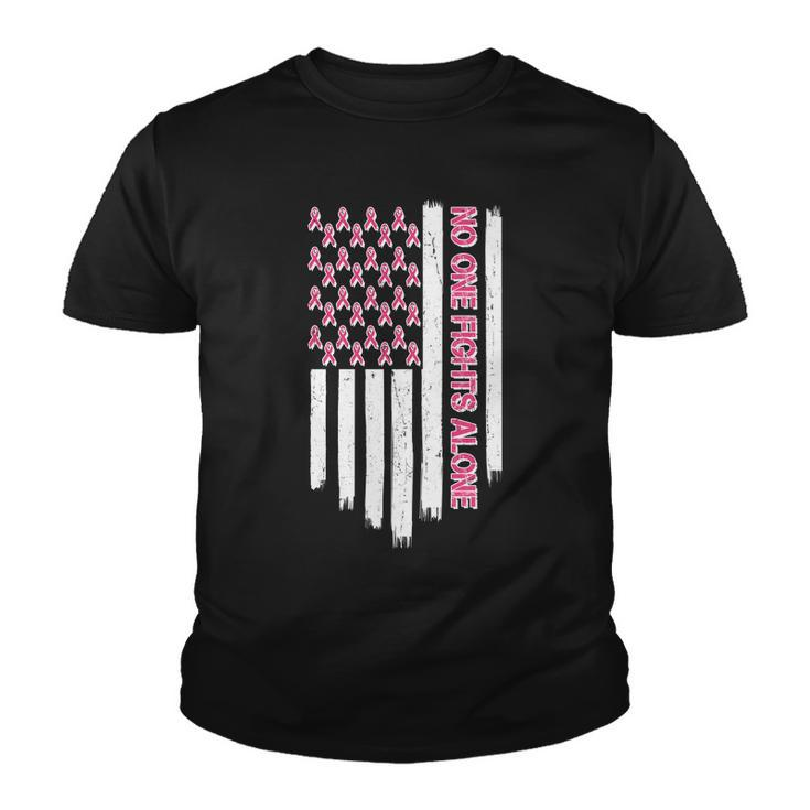 No One Fights Alone Breast Cancer Awareness American Pink Ribbons Flag Youth T-shirt