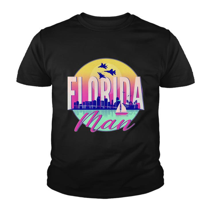 Retro Florida Man Miama Skyline With Fighter Jets Youth T-shirt