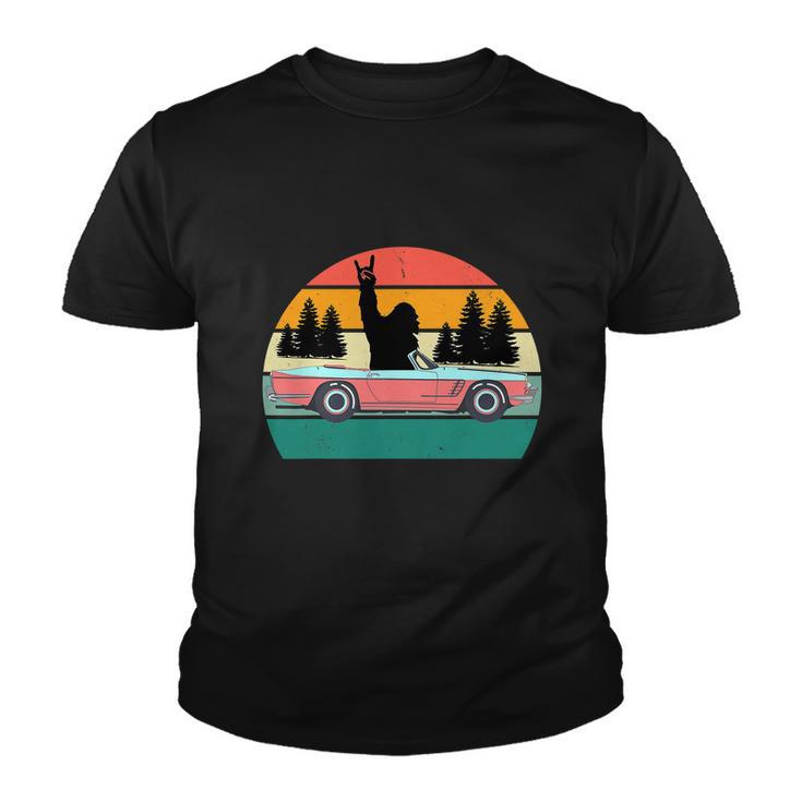 Sasquatch Bigfoot Driving Car Retro Sunset Funny Youth T-shirt