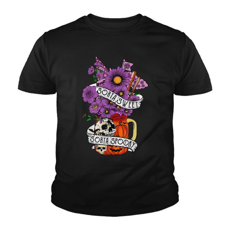 Sorta Sweet Sorta Spooky Flower Skull Pumpkin Halloween  Youth T-shirt