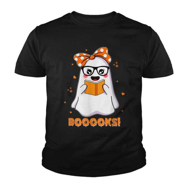 Womens Booooks Cute Ghost Reading Library Books Halloween  Youth T-shirt