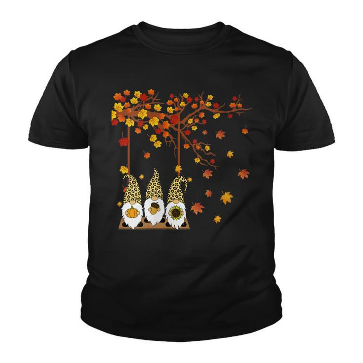 Womens Halloween Three Gnomes Hat Leopard Pumpkin Fall Leaves  Youth T-shirt