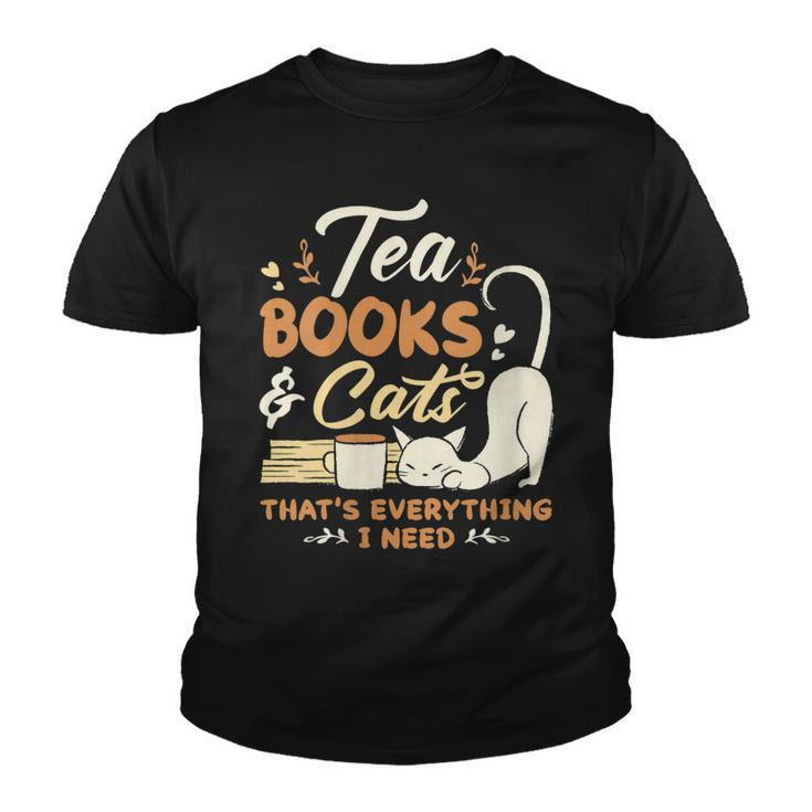 Womens Tea Books And Cats Cat Book Lovers Reading Book  Youth T-shirt