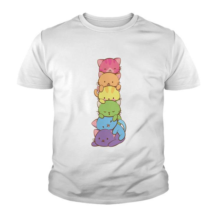 Cute Lgbt Rainbow Gay Pride Flag Kawaii Cat Pile Anime Art Gift Youth T-shirt