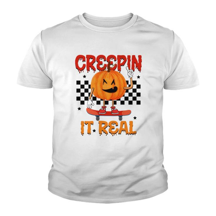 Funny Pumpkin Skateboarding Creepin It Real Halloween Youth T-shirt