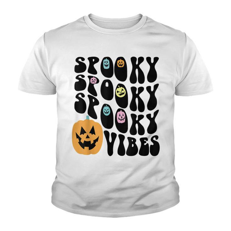 Groovy Spooky Vibes Scary Pumpkin Face Funny Halloween  Youth T-shirt